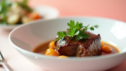 Lamb Shank, Close-up minimalistic lamb shank in white ceramic bowl parsley pastel backdrop sleek tableware.