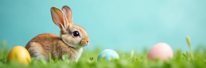 Fototapeta premium Soft brown bunny nestled in grass, pastel blue background Fluffy fur, Easter eggs , eggs, charming