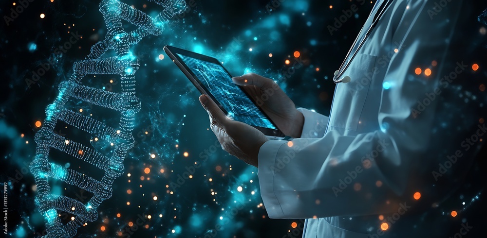 Aufkleber Doctor examining digital DNA data on tablet in futuristic laboratory setting : Generative AI