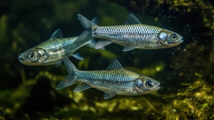 Fototapeta premium A group of small fish swimming together in perfect harmony beneath the surface of a calm lake. Their silvery scales shimmer under the filtered light, creating a stunning underwater scene.