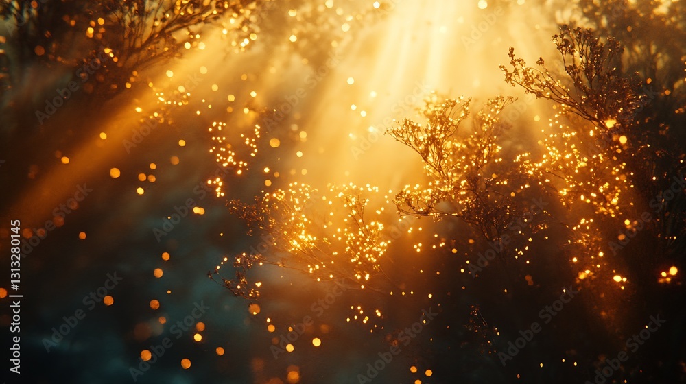 Fototapete Ethereal sunlight filtering through golden mist creating a magical bokeh effect in a serene natural setting : Generative AI