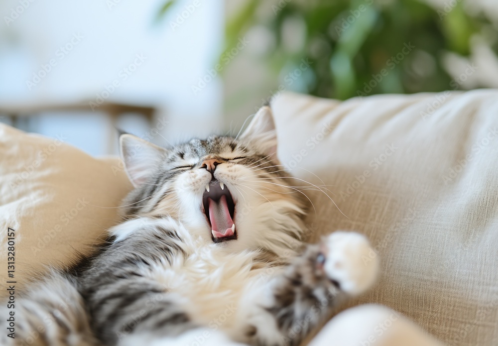 Poster Charming fluffy cat yawning while resting on a cozy sofa surrounded by a serene home environment : Generative AI
