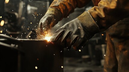 Close-up of a Welder's Hands Working on Metal