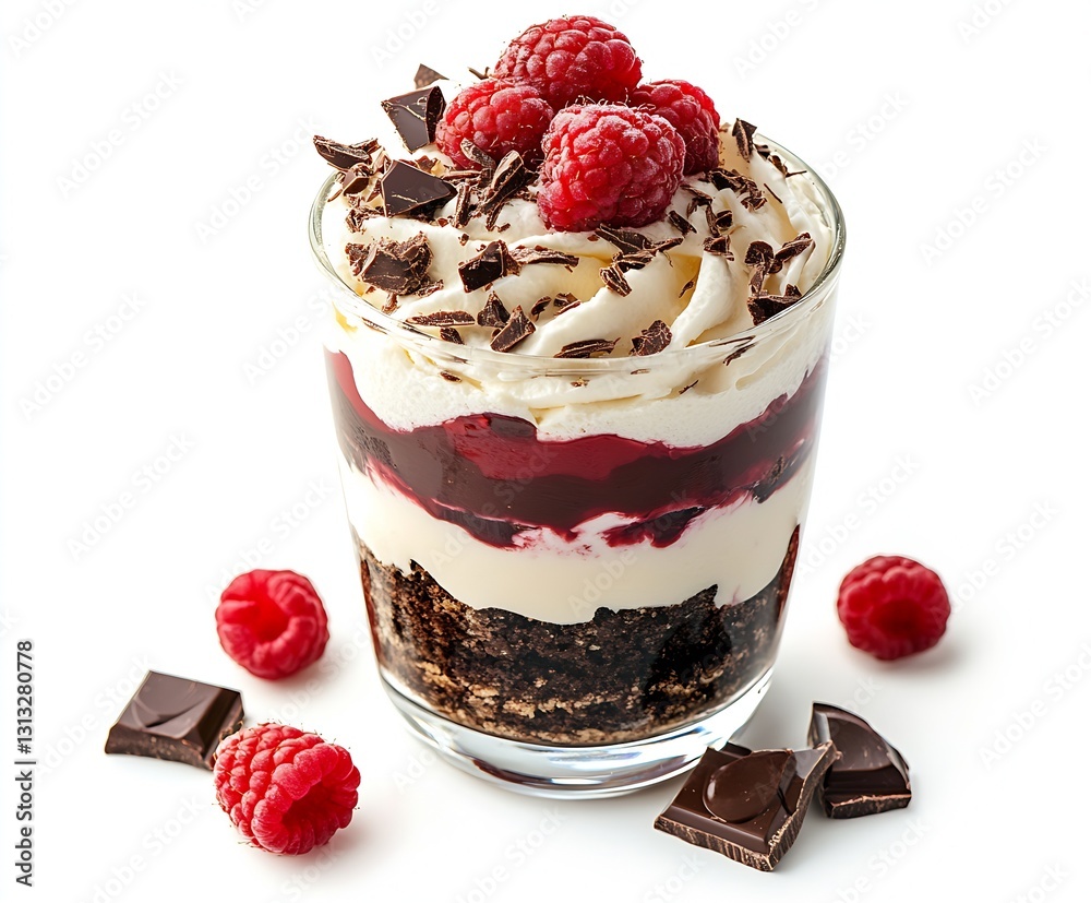 Poster Layers of chocolate and raspberry dessert topped with whipped cream and raspberries : Generative AI