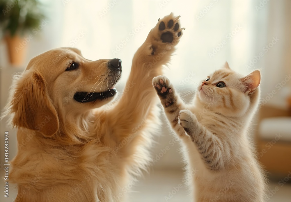 Poster Adorable Golden Retriever and Playful Kitten Engaging in a Joyful Interaction at Home : Generative AI