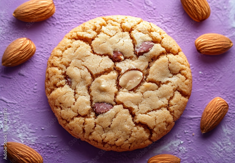 Poster homemade almond cookie on a textured purple background surrounded by raw almonds and crumbs : genera