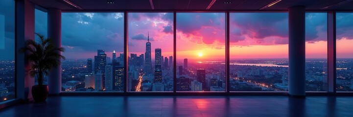 Vast windows, empty office, twilight cityscape , building, glass, elegant