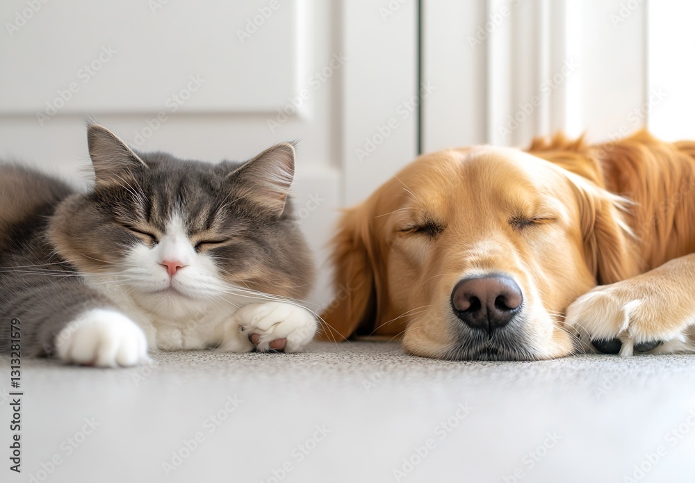 Poster adorable cat and dog sleeping peacefully together on a soft surface in natural light : generative ai