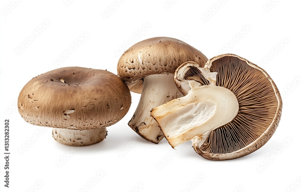 Poster three large brown mushrooms cut in half revealing their intricate gills and inviting texture for cul