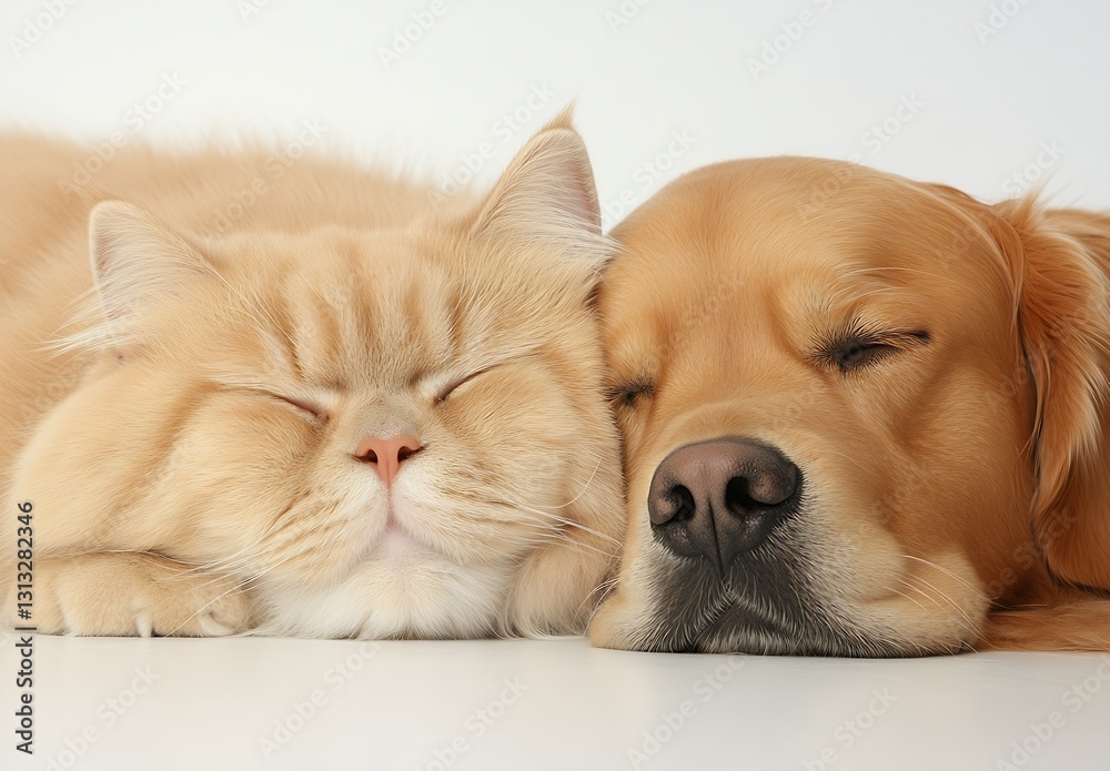 Poster Charming fluffy cat and friendly dog cuddled up and resting comfortably in soft surroundings : Generative AI