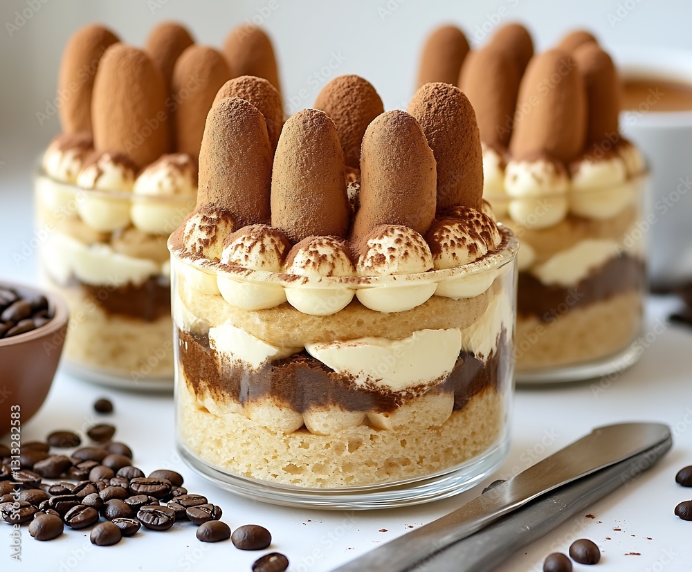 Poster elegant coffee dessert featuring layers of mascarpone and cocoa topped with delightful italian cooki