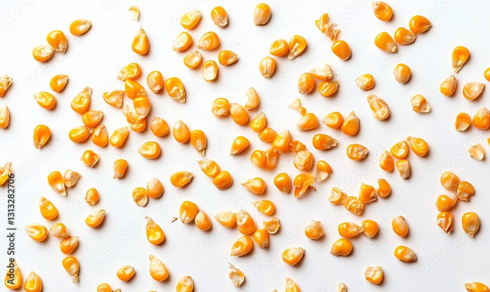 Poster closeup view of bright yellow corn kernels spread out on white surface : generative ai
