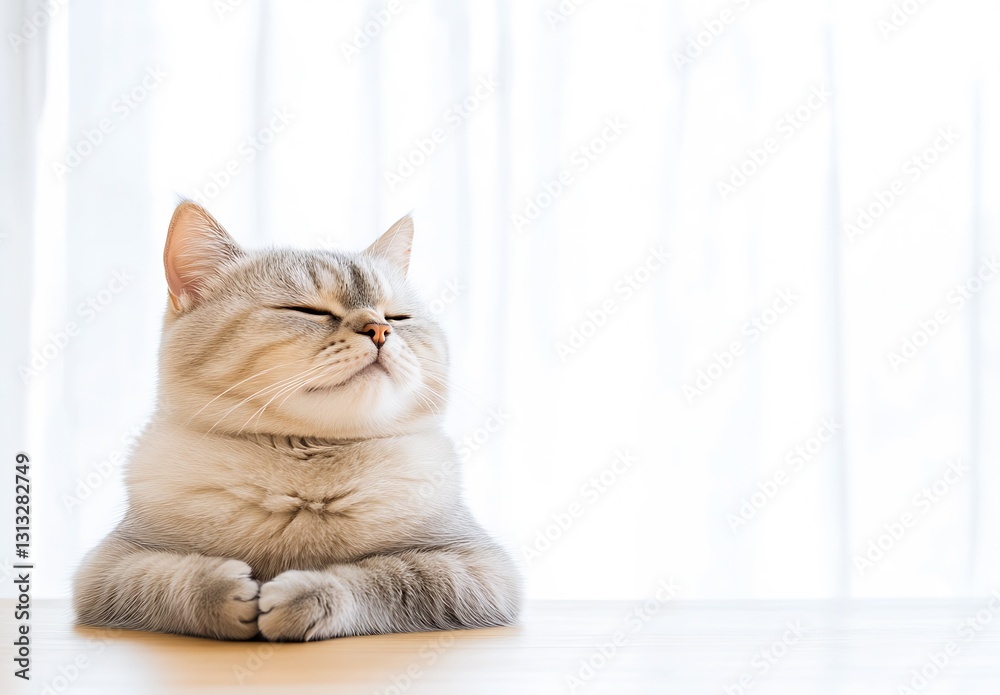 Aufkleber Elegant gray cat with peaceful expression sits on a table showcasing its soft fur and charm : Generative AI