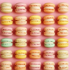 Obraz premium Colorful macarons arranged in pattern with flat lay lighting