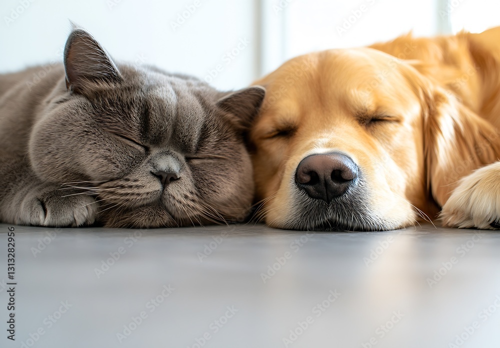 Aufkleber cute sleeping dog and cat peacefully napping together on a comfy surface in a bright room : generati