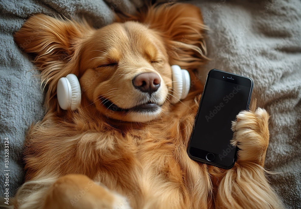 Poster content golden retriever enjoying music with phone and headphones while lying on the bed : generativ