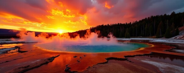 Fiery sunset paints Yellowstone's geysers gold , geyser, park, sky