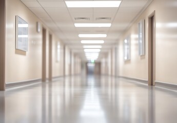 Obraz premium Modern corridor in a welllit building featuring a reflective floor and soft lighting for interior design : Generative AI