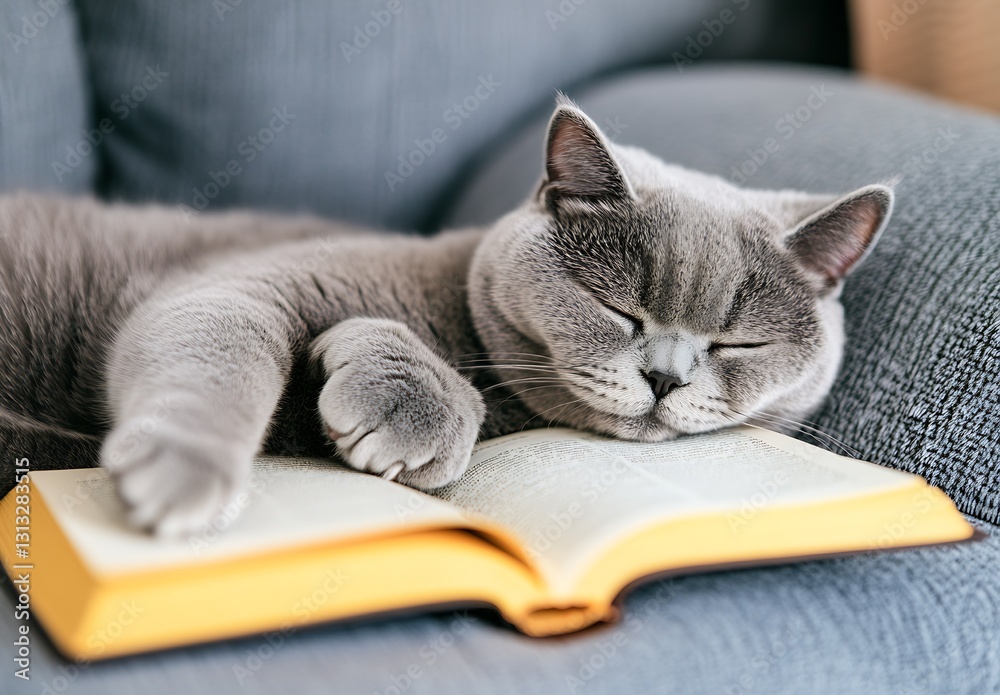 Poster cute cat sleeping peacefully on a couch with a book open beside it and gray fur shining : generative