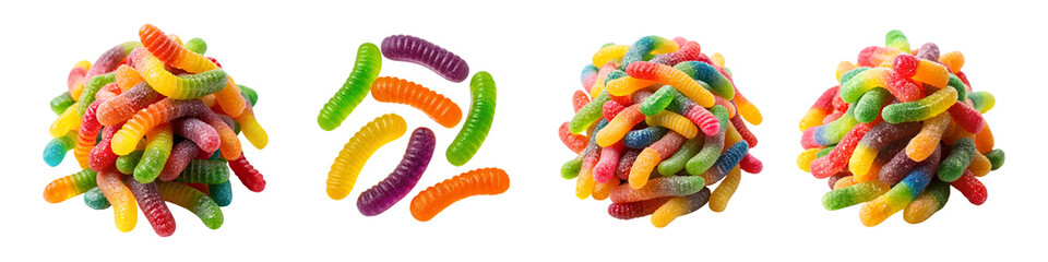 Colorful gummy worms sweet candy delight isolated on a transparent background.