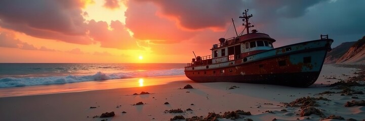 Naklejka premium Sun-drenched sand, splintered wreck, twilight sky, background, sky