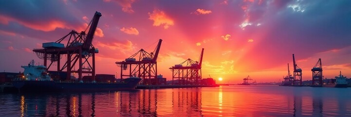 Obraz premium Vibrant sunset paints the sky over a busy industrial port, towering cranes dominate , heavy industry, machinery, sea