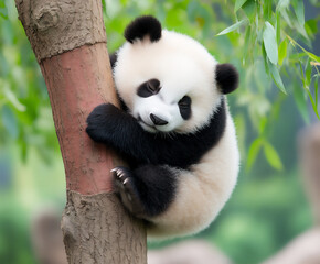 Fototapeta premium a cute panda is sleeping on the tree,