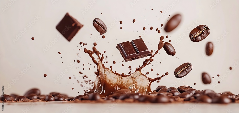 Poster dynamic splash of chocolate with coffee beans captures the essence of rich flavors in a delicious de