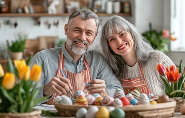  Senior couple enjoying Easter egg painting in their cozy kitchen, with colorful paints and festive decorations, sharing special moments together.