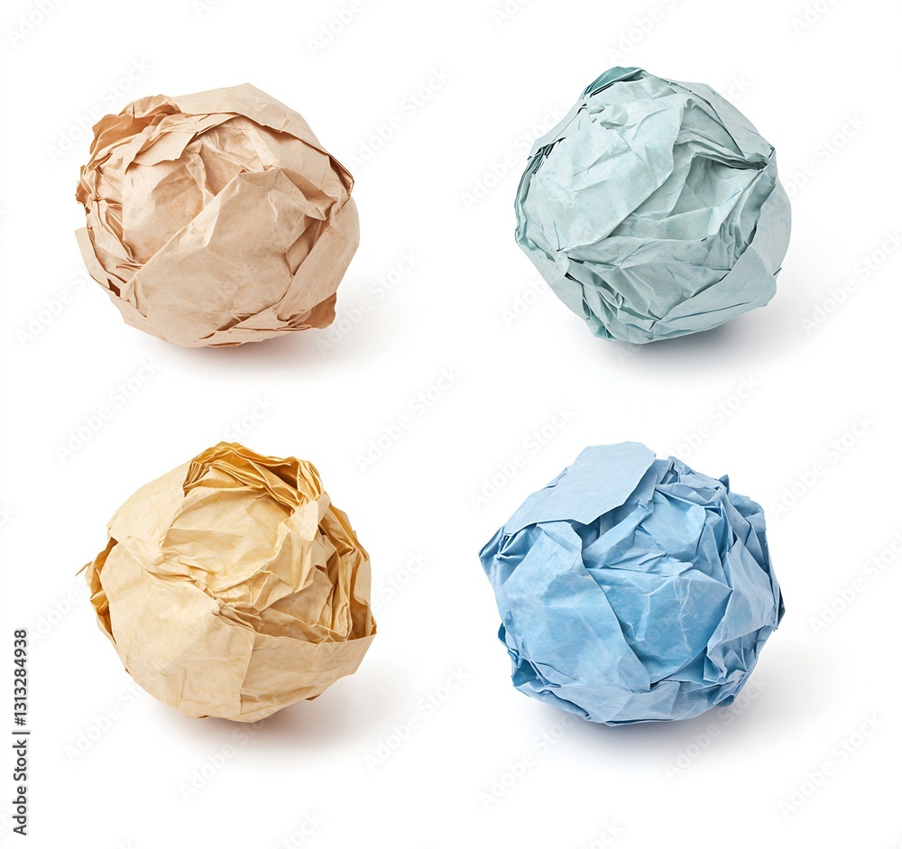 Poster crumbled paper balls in various colors on a white background for office and creative use : generativ