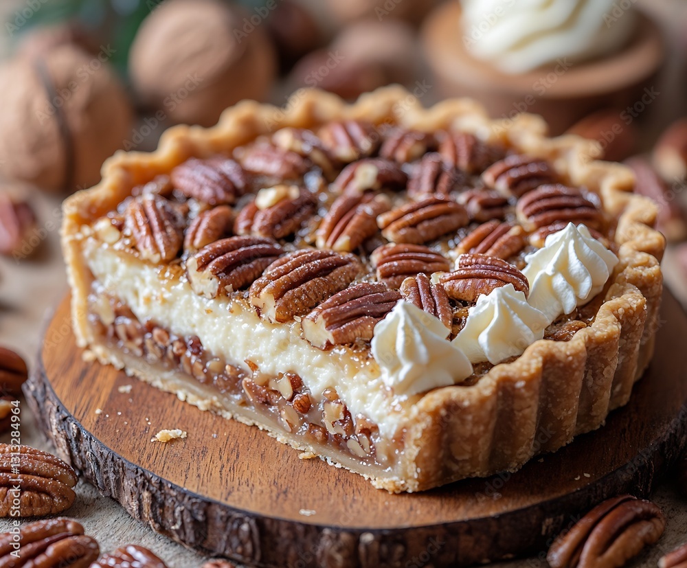Poster Delicious pecan pie with a creamy filling and topped with whipped cream on rustic wooden table : Generative AI
