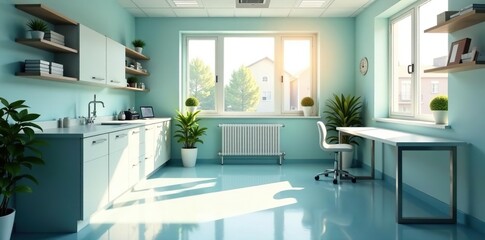 Spacious, sunlit examination room in a modern veterinary practice , cleanliness, professional
