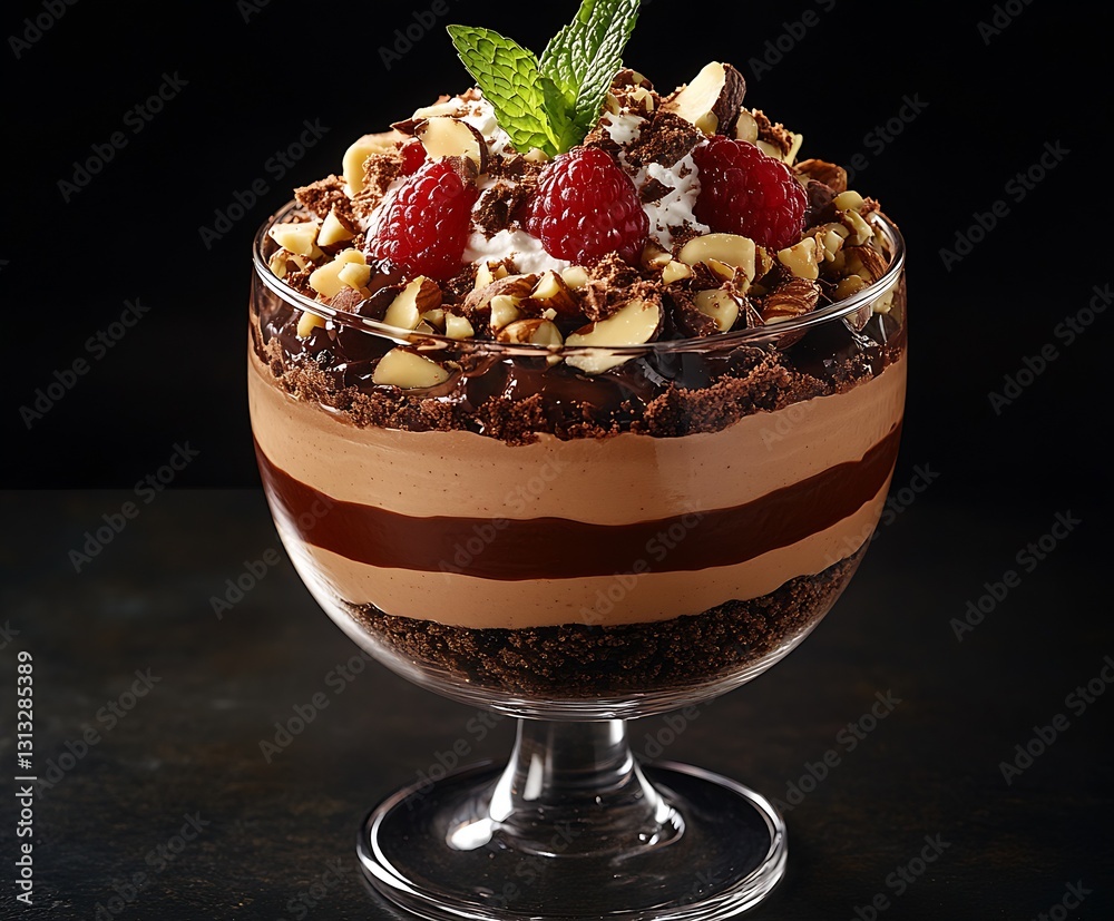 Aufkleber Delicious chocolate dessert with layers of cream nuts and fresh raspberries for an elegant presentation : Generative AI