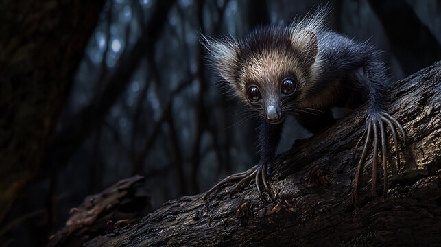Sleek aye aye scurrying along a tree branch in the dark Malagasy forest its elongated fingers tapping the wood for hidden insects