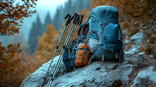 Two hiking backpacks and trekking poles on a mountain trail at sunset with scenic valley views.