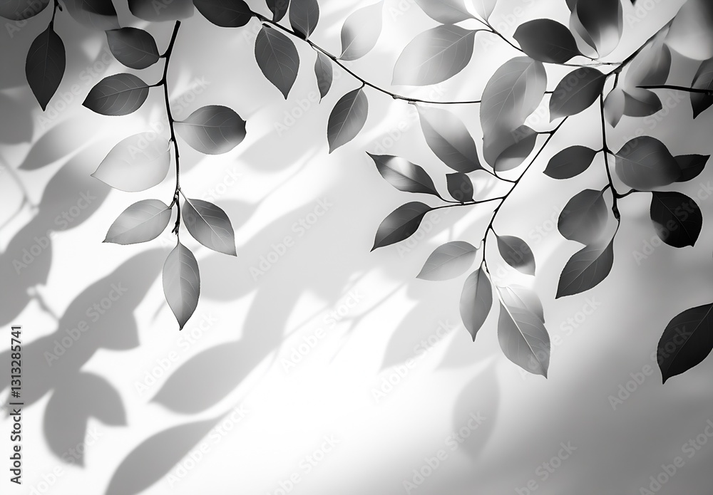 Poster stylish black and white leafy branches creating intricate shadows on a subtle white canvas for decor