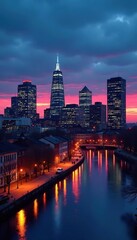 Naklejka premium Dusk settles, city lights illuminate Boston's iconic skyline , metropolitan, reflection
