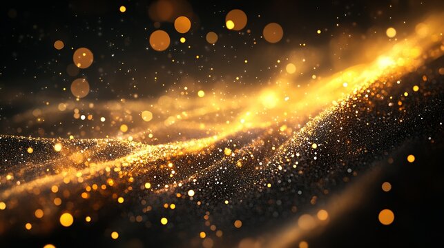 Beautiful golden shimmering particles drifting gracefully through the air creating a dreamlike atmosphere : Generative AI