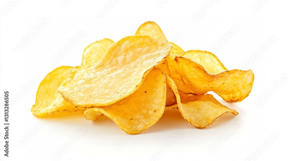 Poster piled high golden potato chips on a bright background for snacking and enjoying anytime : generative