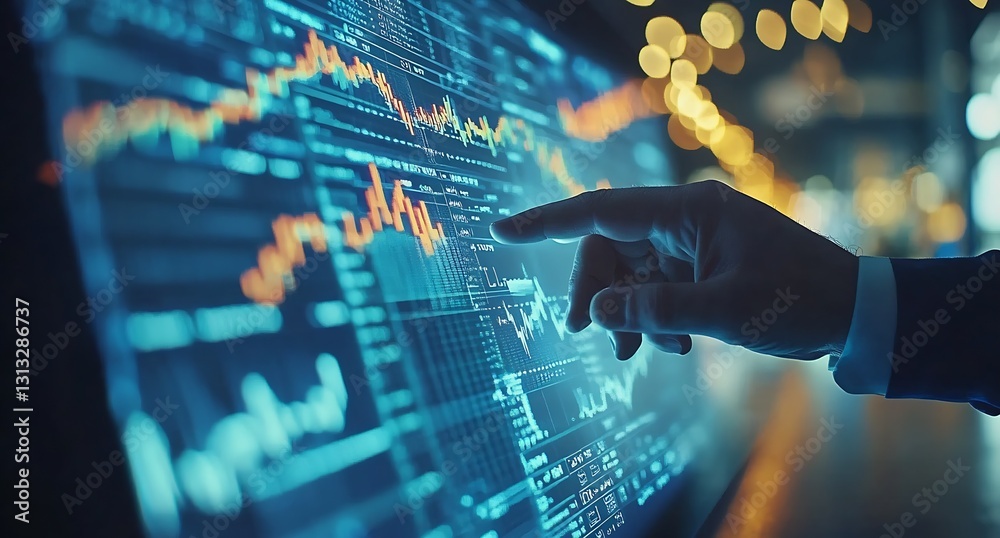 Leinwandbilder Business professional using touch screen to interact with stock market data in a modern setting : Generative AI