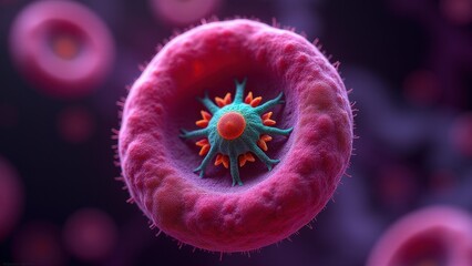 Malaria Parasite, Detailed micrograph of malaria parasite Plasmodium falciparum infecting red blood cell under fluorescent light in vivid 