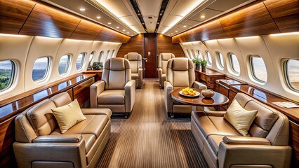 Fototapeta premium Luxurious Private Jet Cabin: Spacious Leather Seats & Modern Interior