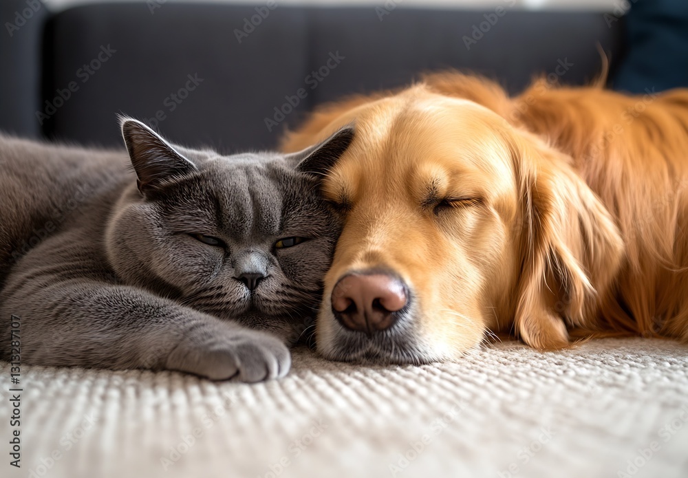 Poster cute cat and dog cuddling close together while enjoying a peaceful nap on the soft rug : generative 