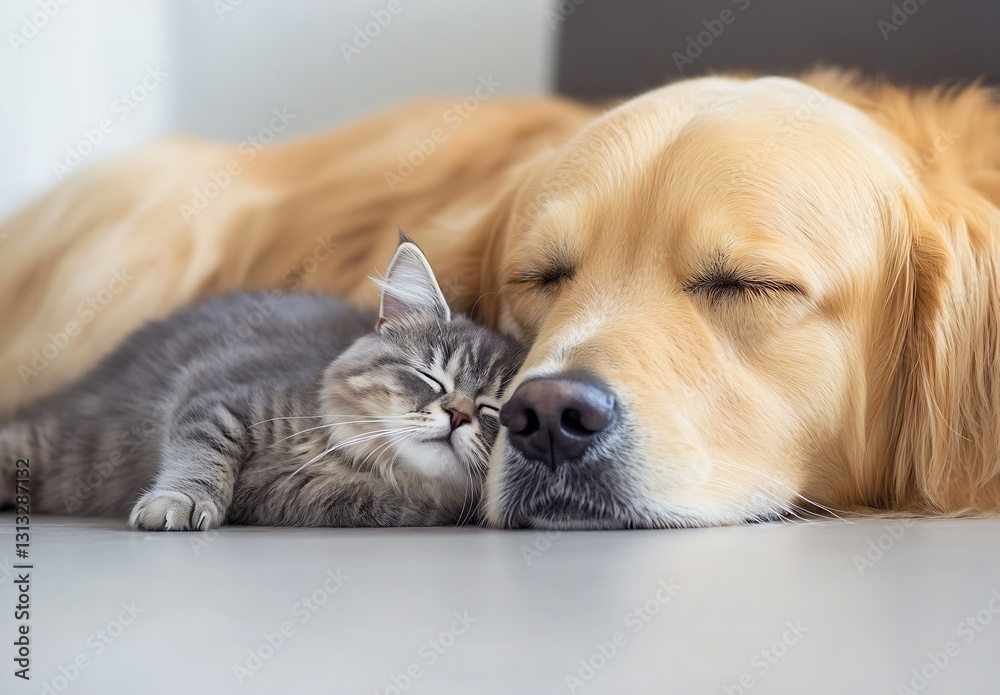 Poster golden retriever and tabby cat cuddling together while sleeping peacefully on a sleek floor : genera