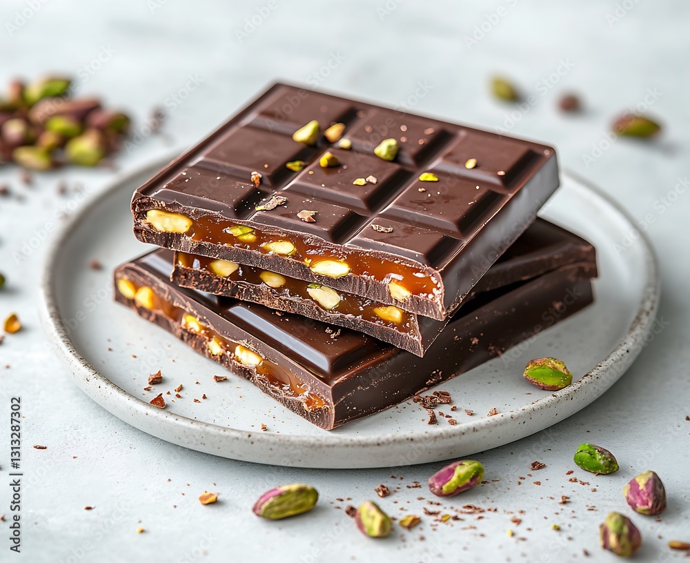 Poster delicious slices of chocolate with nuts on a plate surrounded by scattered pistachios : generative a