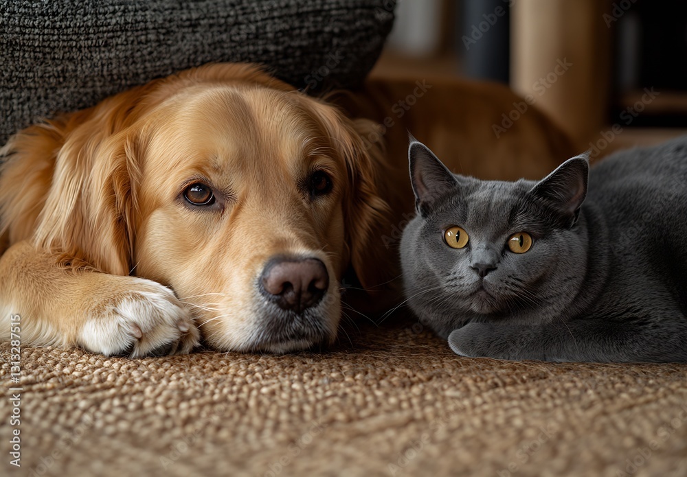 Poster golden retriever and gray cat relaxing together in a cozy indoor setting on a textured rug : generat