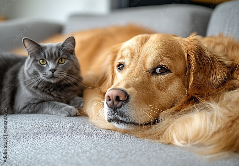 Poster golden retriever and grey cat snuggling together on plush couch in stylish room : generative ai