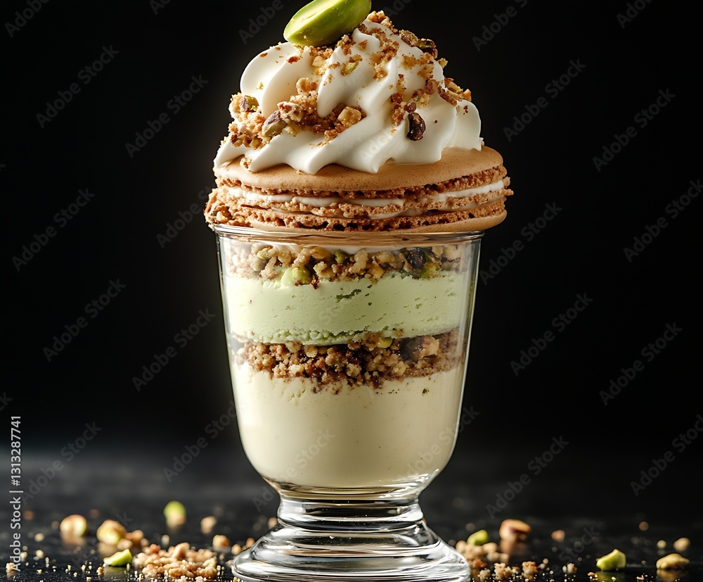 Poster delicious dessert sundae with creamy layers of pistachio and topped with crunchy macaron : generativ