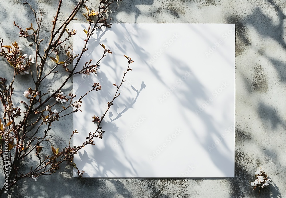 Aufkleber Minimalist Design with White Paper Background and Soft Shadows from Spring Blossoms on a Surface : Generative AI