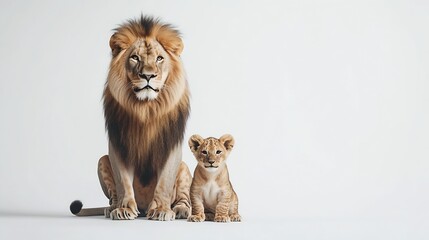 Obraz premium Majestic lion and playful cub posing beautifully together against a clean white backdrop : Generative AI